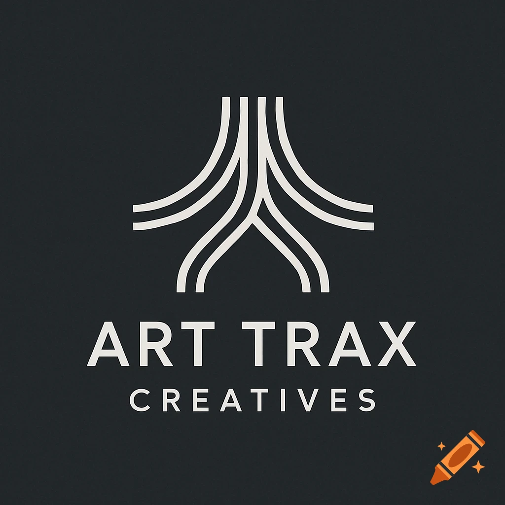 A minimalist logo featuring an abstract design of white converging lines above the text "ART TRAX" and "CREATIVES" on a dark gray background.