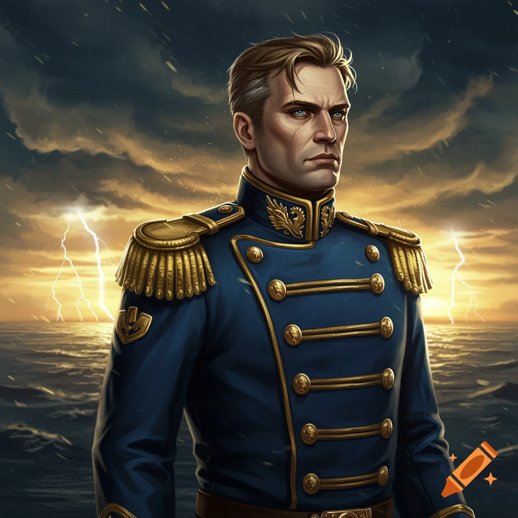An illustrated portrait of a stern man in a blue military uniform with gold trim, against a stormy sea with lightning.