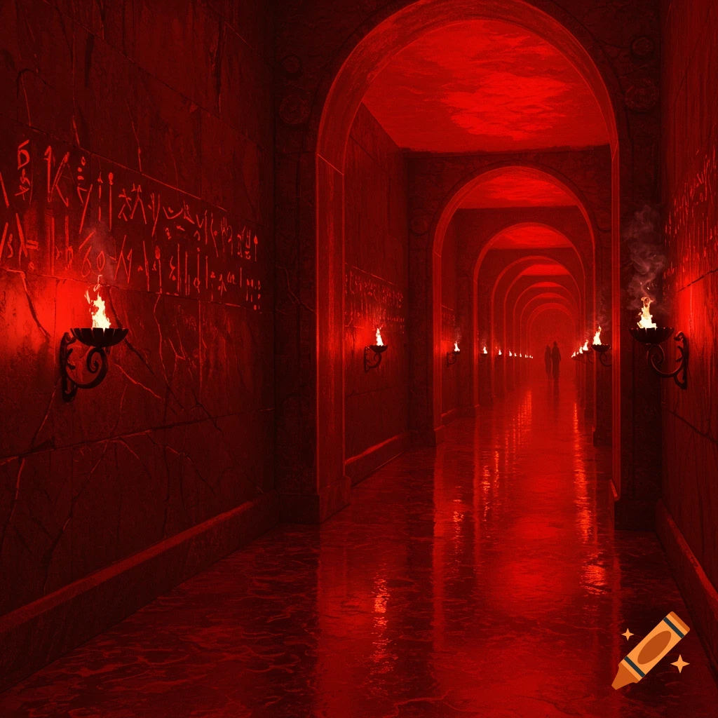 A long, ominous red-lit hallway with arched doorways, flickering torches, and cryptic carvings on the walls.