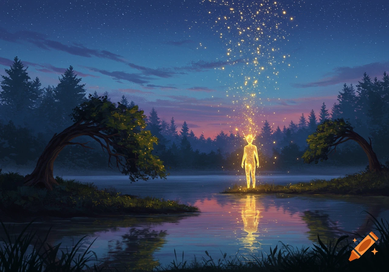A glowing figure on a lake island at twilight, with golden particles rising, framed by trees.