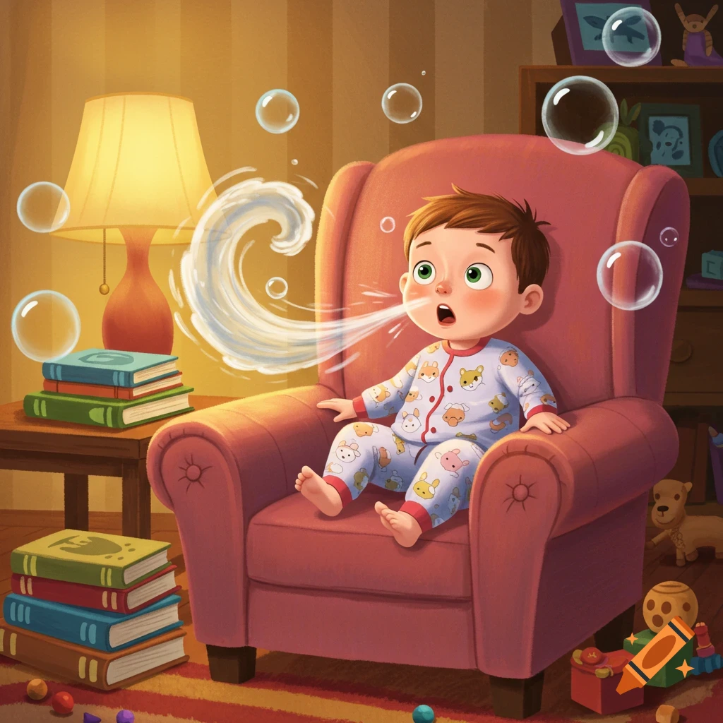 A cartoon baby in pajamas sits in a red armchair, blowing a large gust of air that forms a wave, surrounded by bubbles and books in a cozy room.