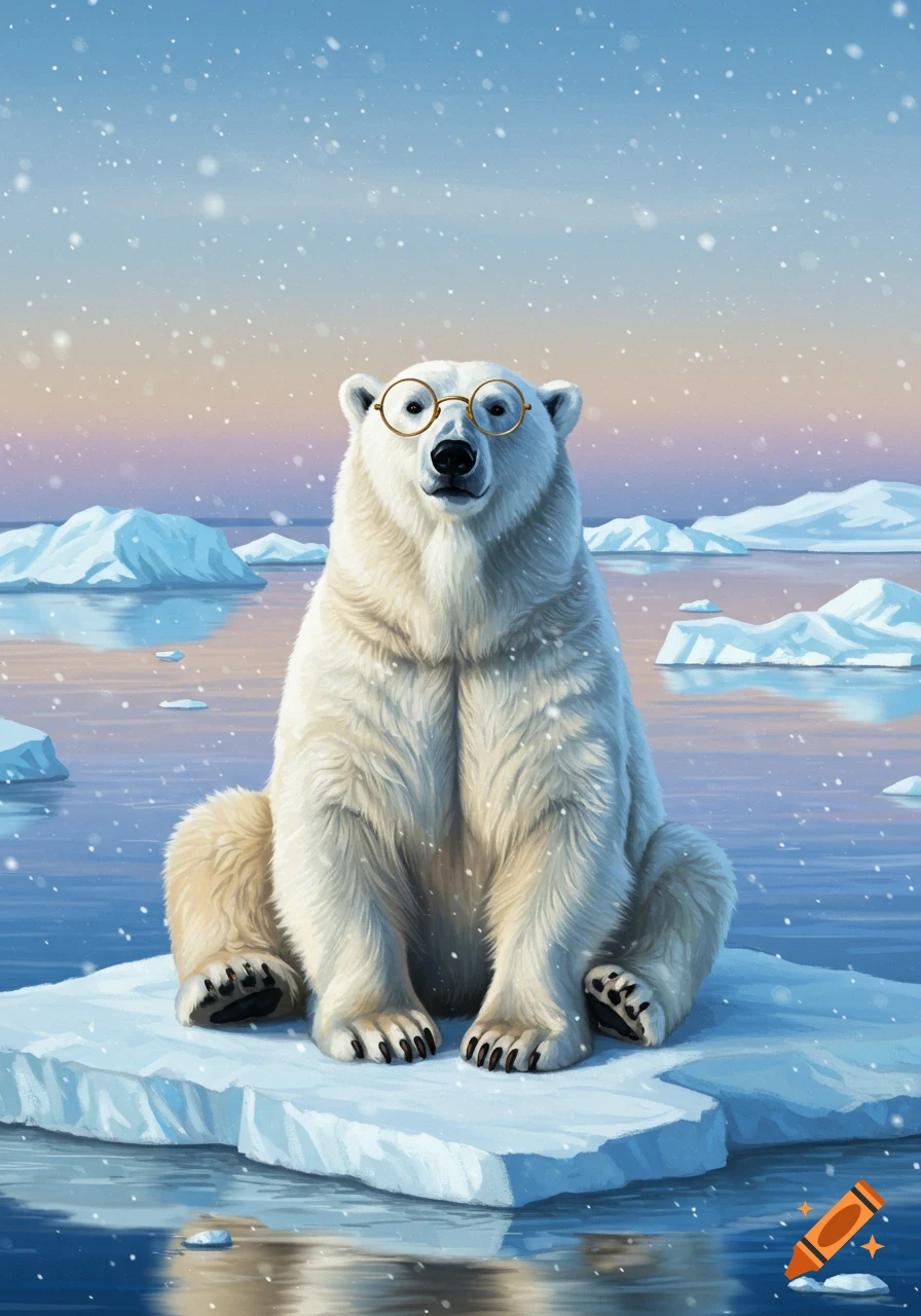 A cute polar bear wearing gold-rimmed glasses sits on an ice floe in a snowy Arctic landscape at sunset.