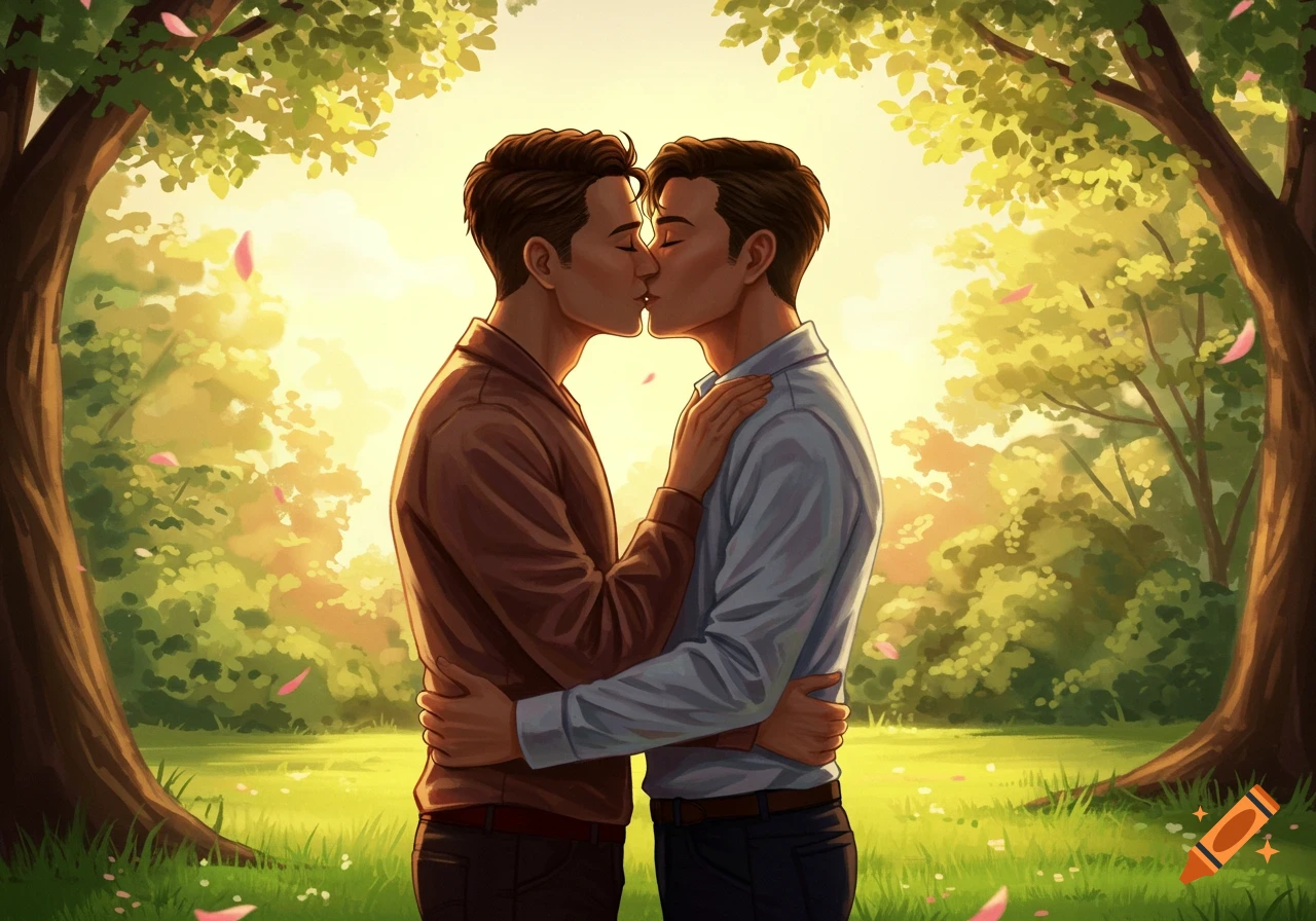 Two men embrace and kiss in a sunlit park, surrounded by trees and green grass, with pink petals falling.