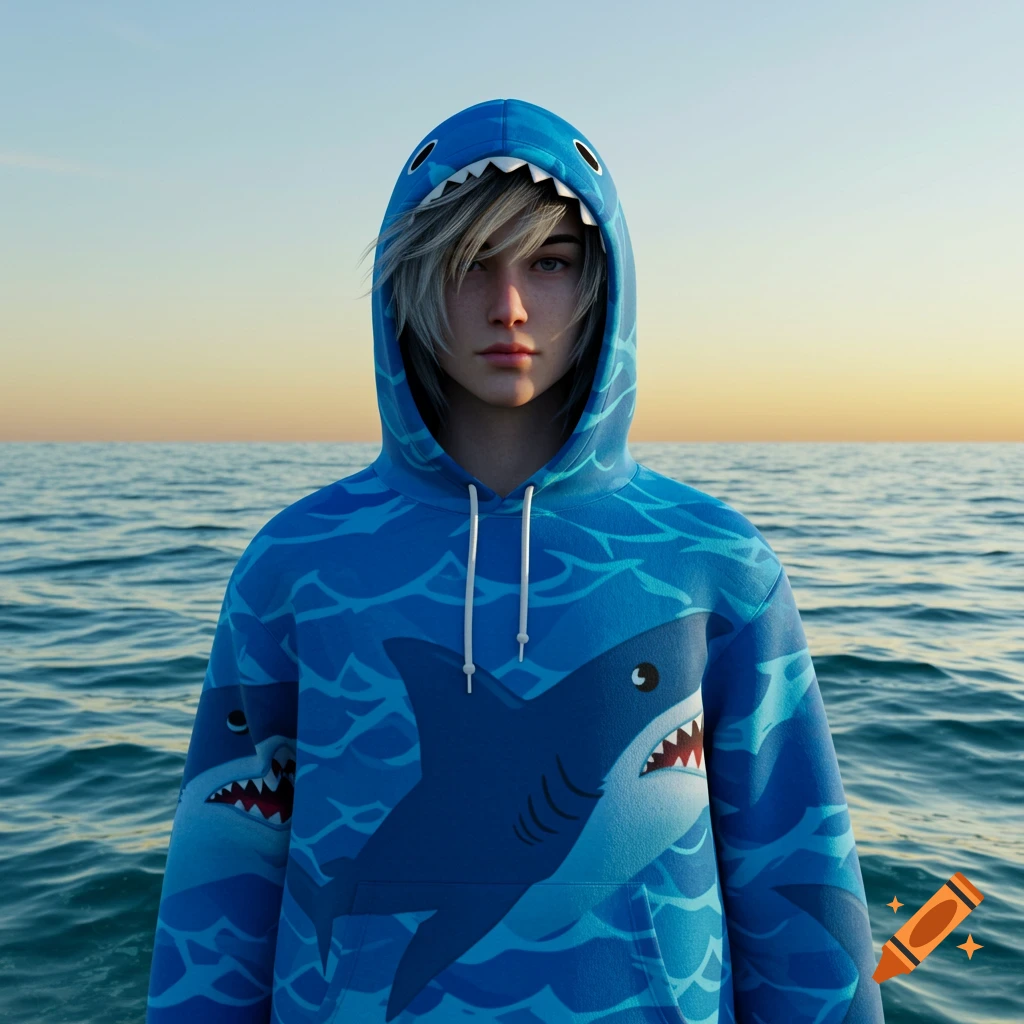A young person with light hair wearing a blue shark hoodie stands in front of an ocean at sunset, digital art.