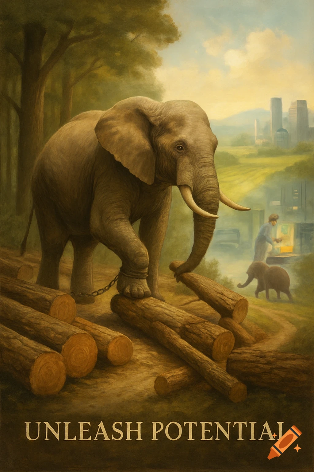 A large elephant stands on logs in a forest, chained by one leg. In the background, a person and baby elephant walk towards a distant city. Text reads "UNLEASH POTENTIAL."