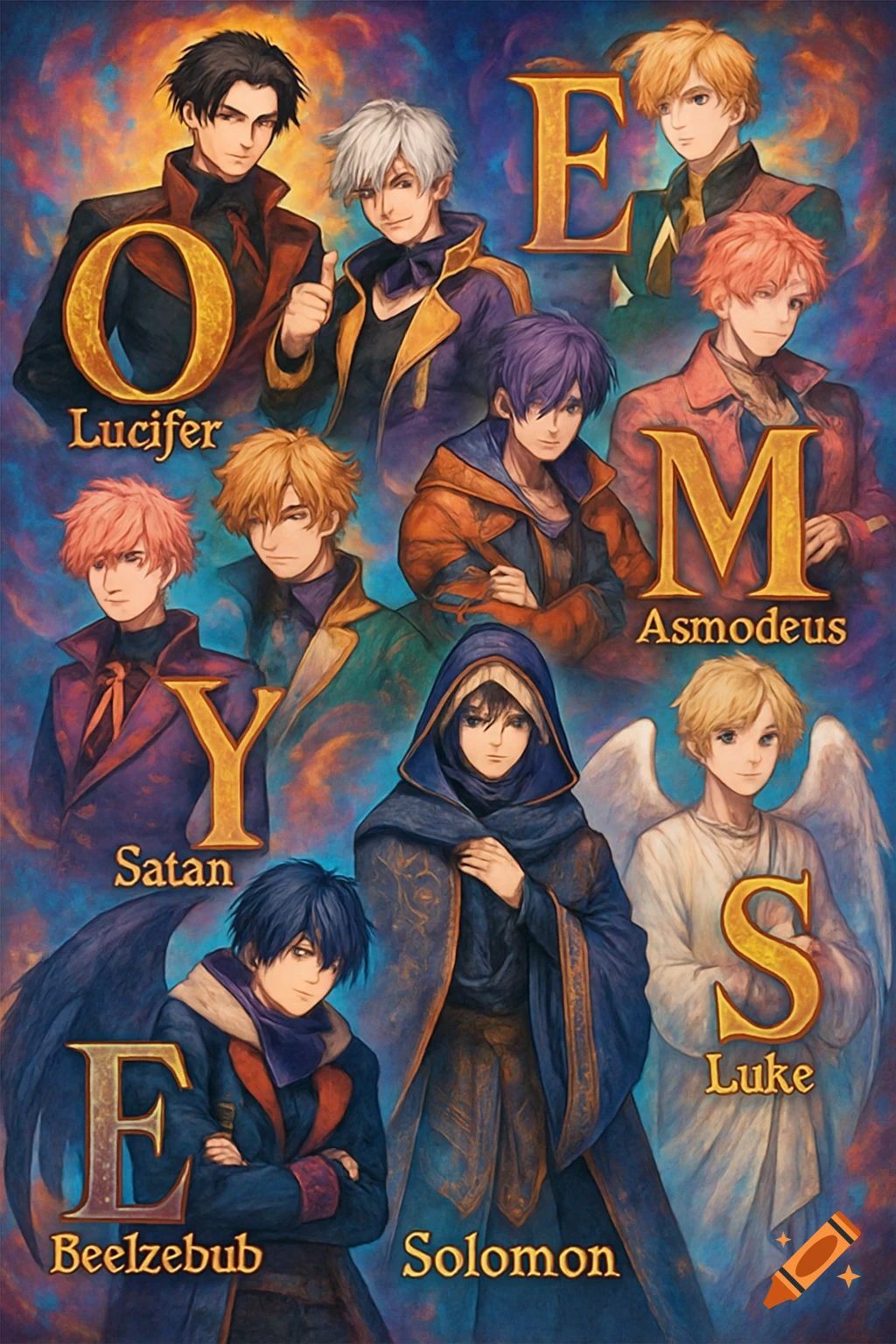 Anime-style illustration of nine male characters with various hair colors and outfits, posed around golden letters and their names on a blue-purple background.