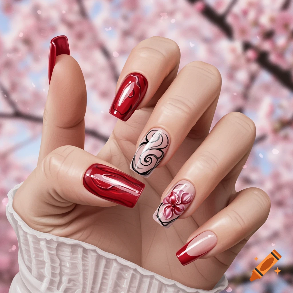 Hand with long red and decorated nails, including blooming gel, a pink flower, and French tips, against a blurry cherry blossom background.