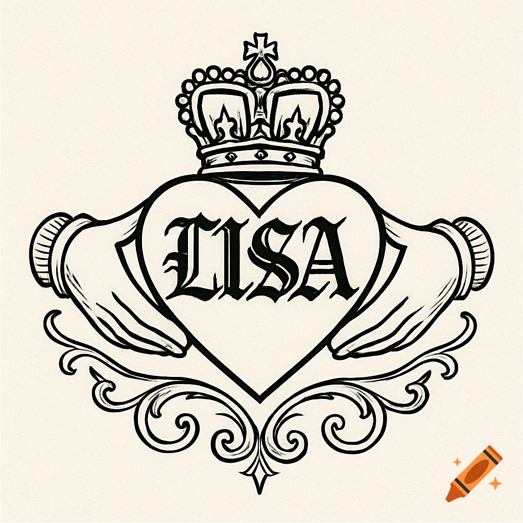 Black and white line drawing of a Claddagh symbol with the name LISA in gothic font inside the heart.