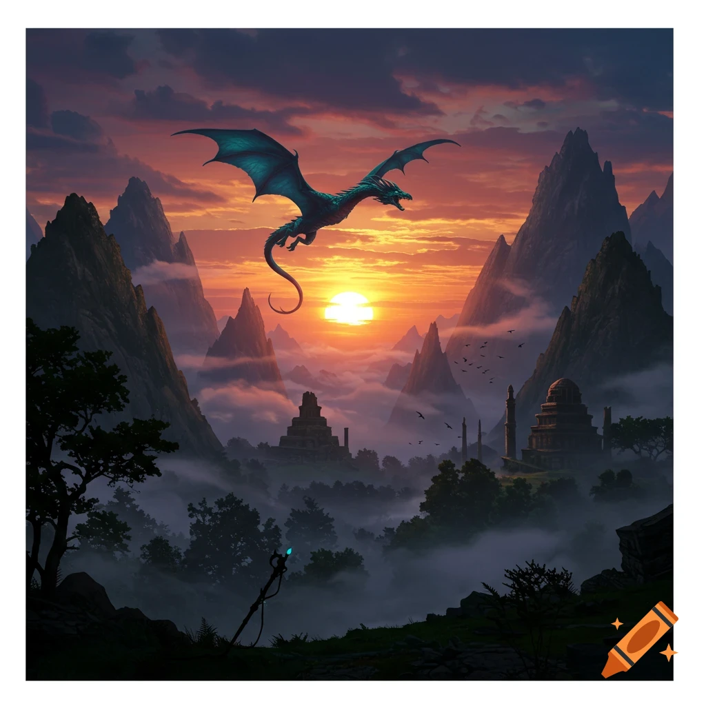 A teal dragon soars over a misty mountain range with ancient temples during a vibrant sunset, in a digital fantasy art style.