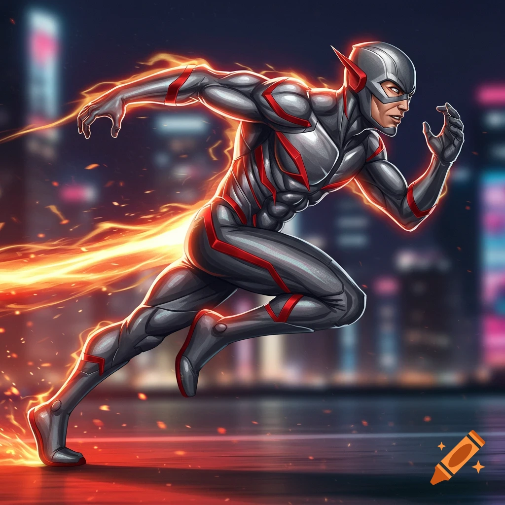 A male speedster superhero in a grey and red suit with a helmet runs quickly, leaving a fiery trail, against a blurred city background.