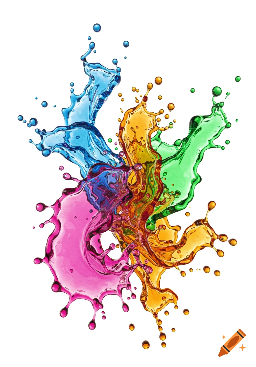 Colorful 3D liquid splashes in shades of blue, orange, green, and pink on a white background.