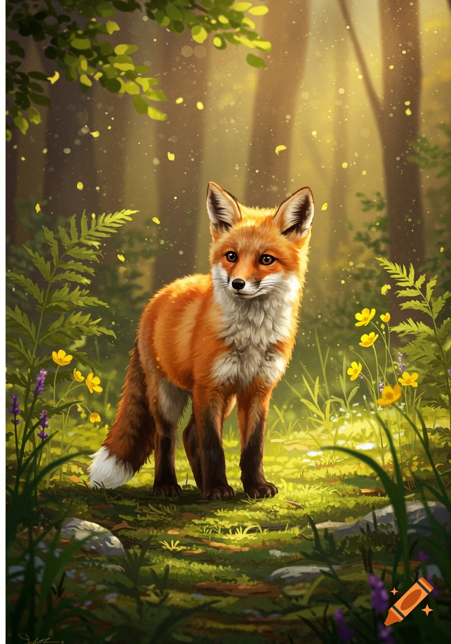 An illustration of a cute red fox standing in a sunlit forest with green foliage and yellow flowers.