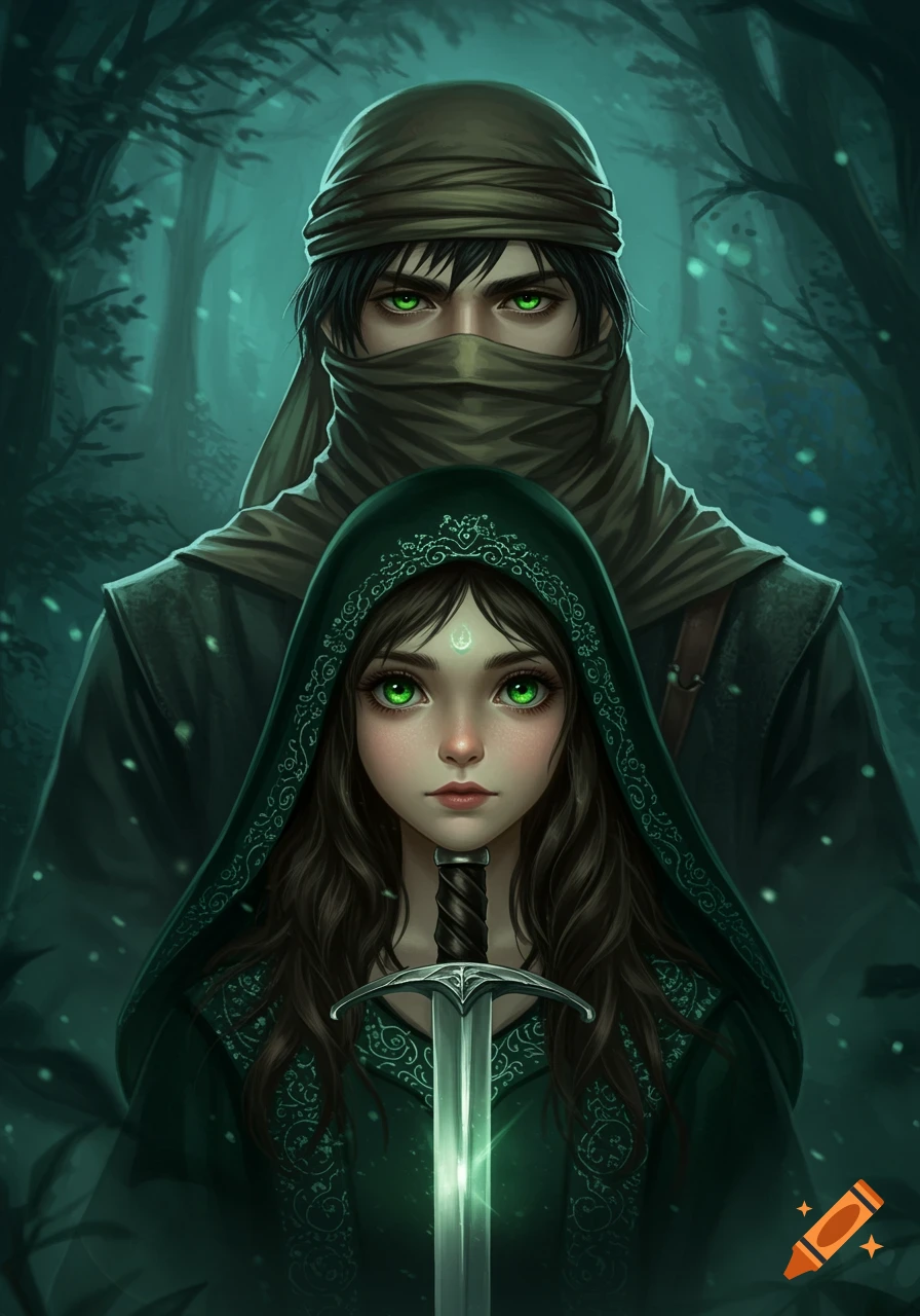 A girl in a green hood holding a glowing sword stands in a dark forest, with a man whose face is wrapped standing behind her; both have striking green eyes.