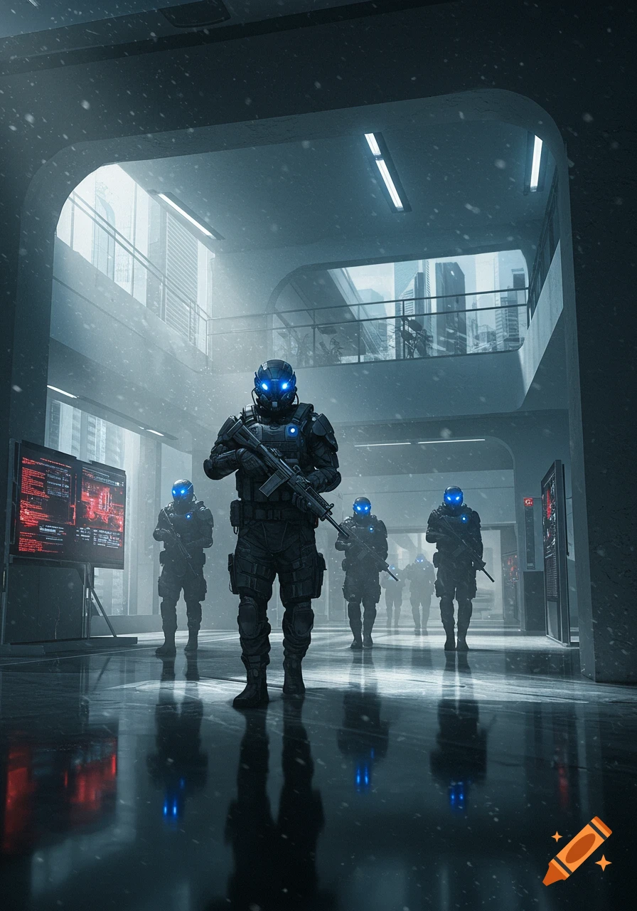 A squad of futuristic armored soldiers with glowing blue visors, holding rifles, advance through a modern, snowy building.