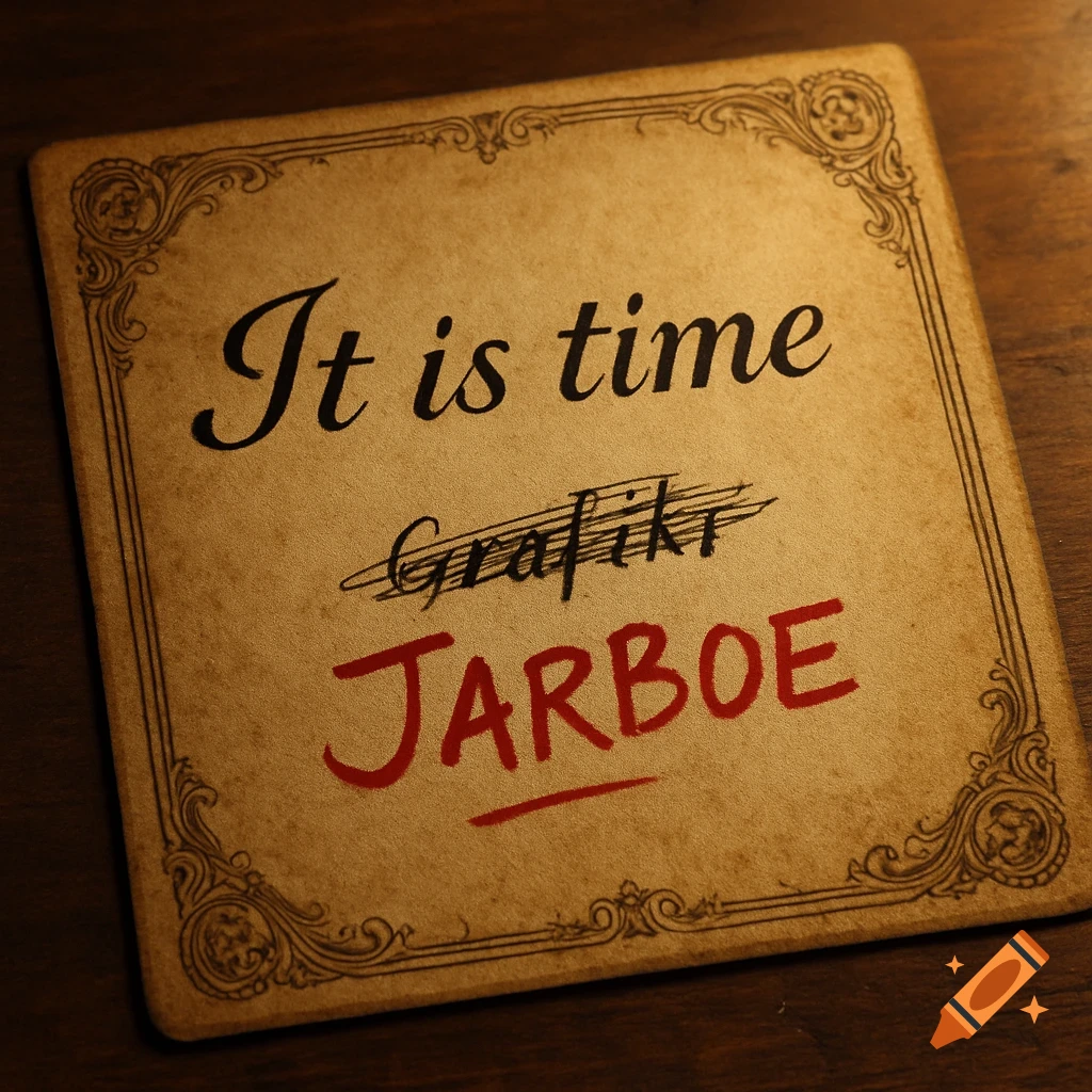 A vintage-style cue card with 'It is time' and 'Grafiki' scratched out, replaced by 'JARBOE' in red, on a wooden surface.