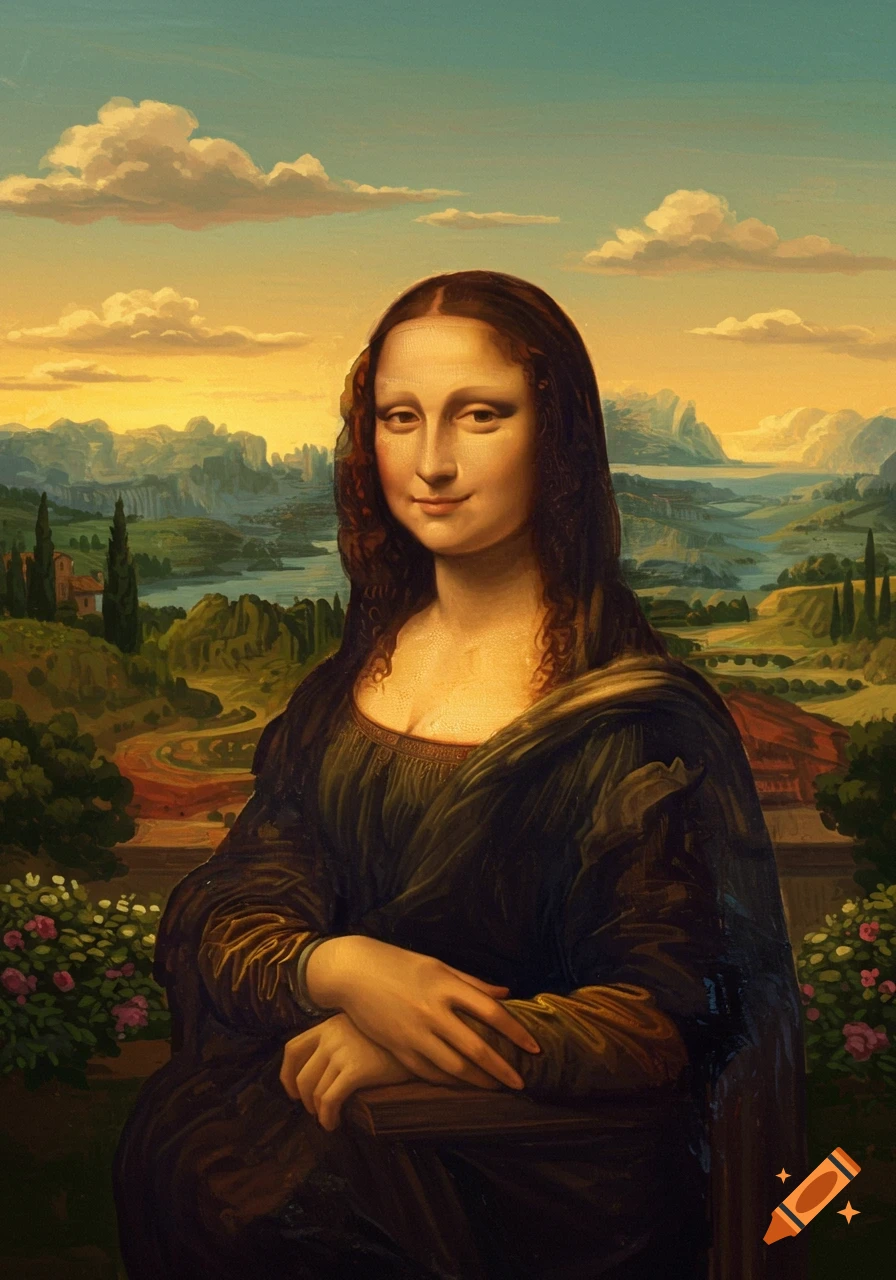A painterly portrait of the Mona Lisa set against a vast landscape at sunset, with her characteristic enigmatic smile.