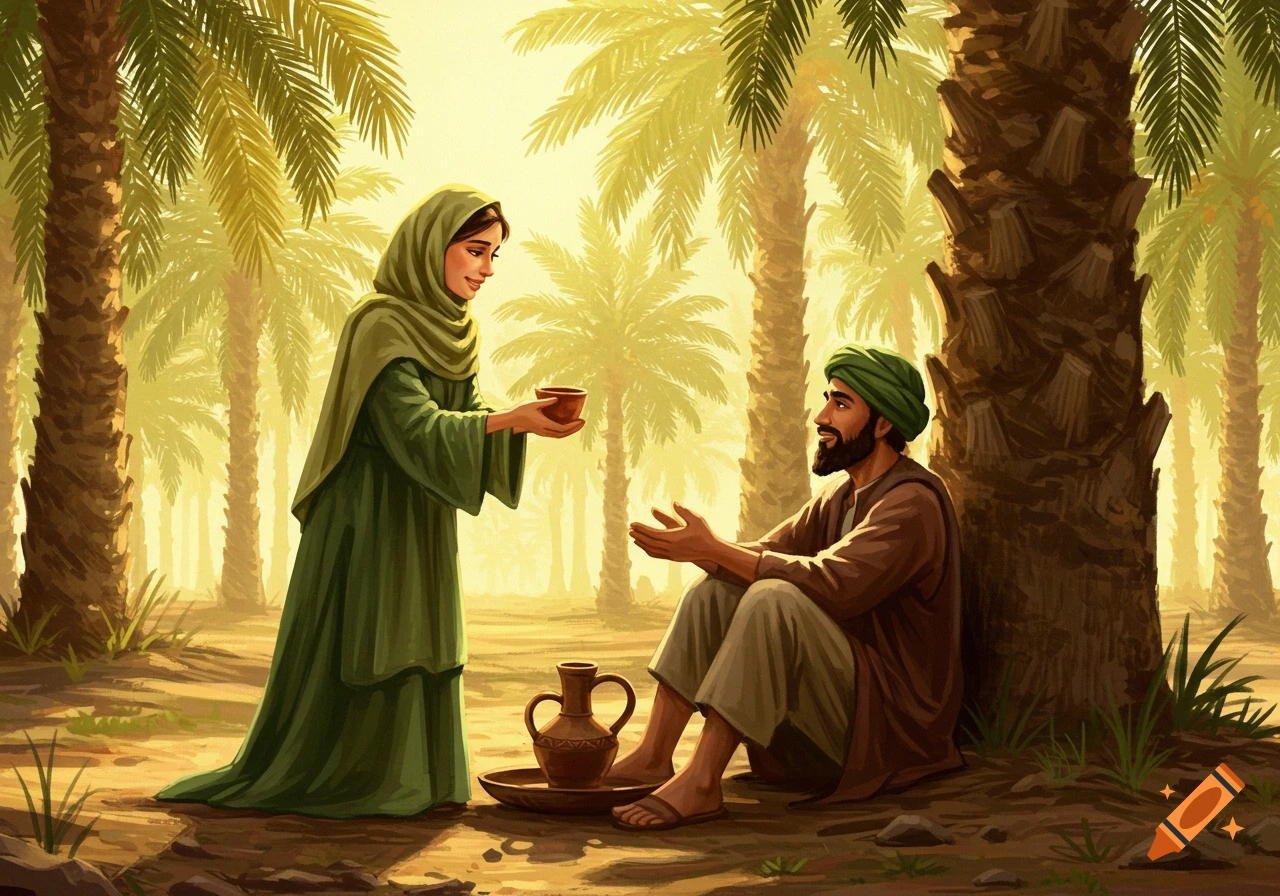 A woman in green headscarf offers a bowl to a man in a turban, sitting by a palm tree in a sunlit desert scene.