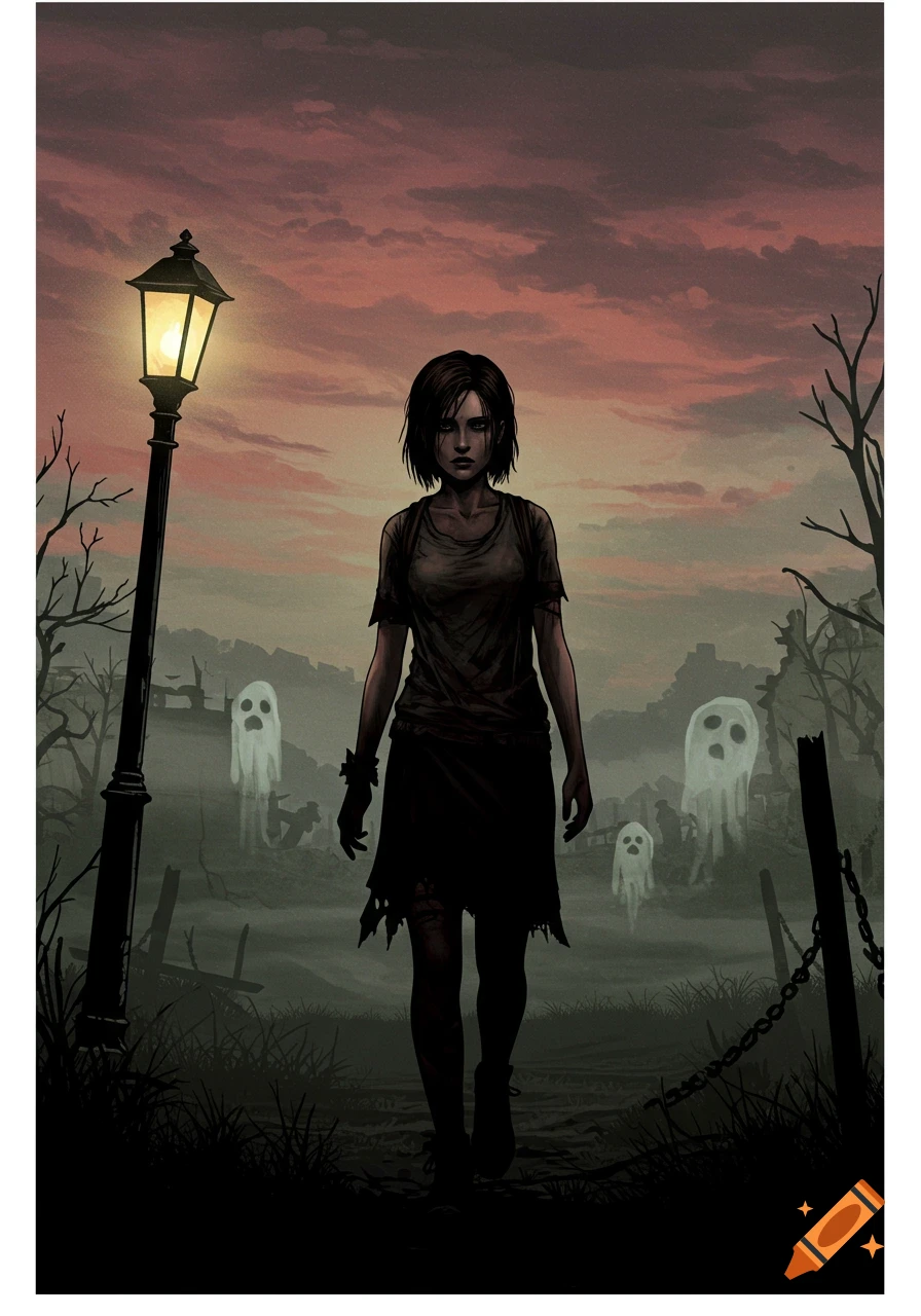 Illustration of a young woman walking through a misty, dark graveyard with a lamppost and ghosts.