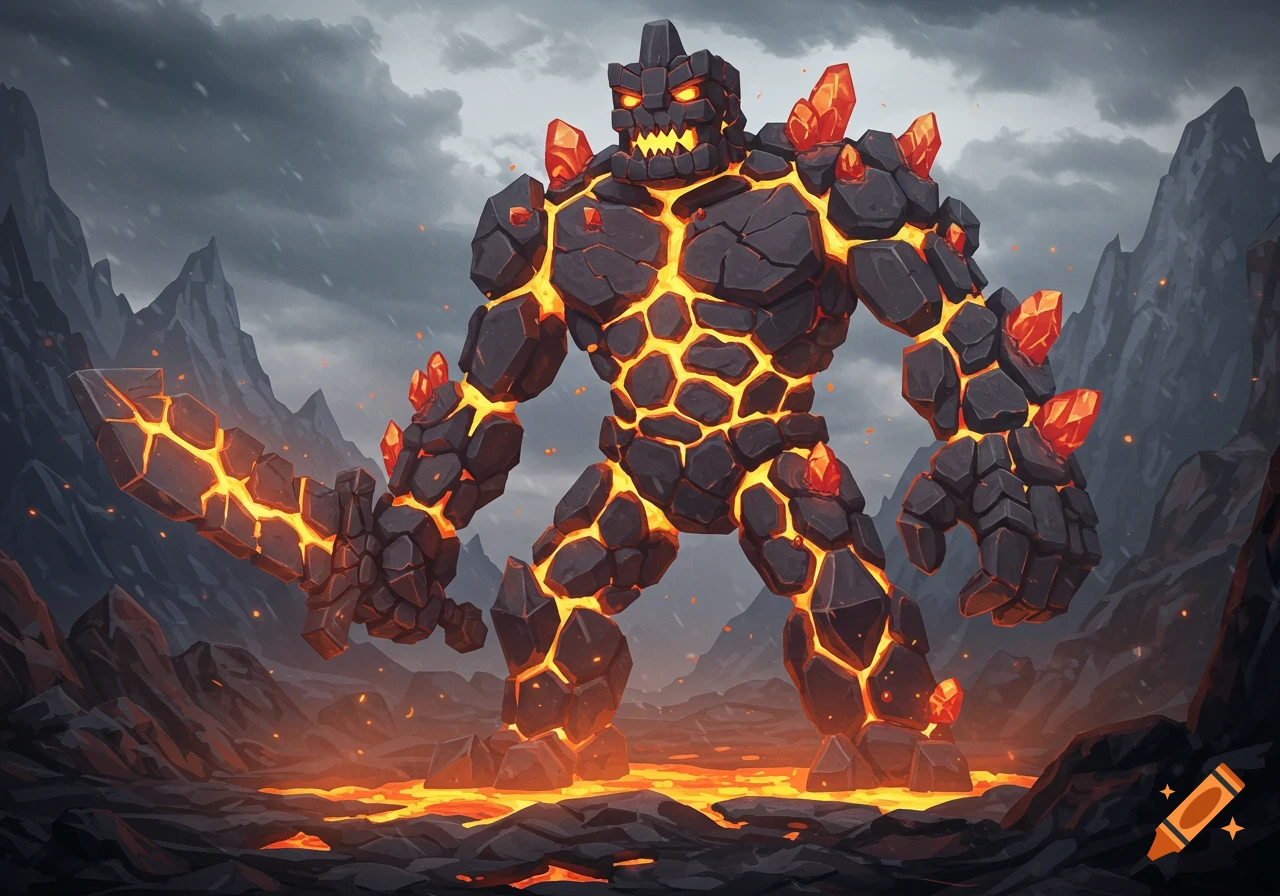 A massive, blocky rock golem with glowing lava cracks and red crystals stands in a volcanic landscape, holding a molten sword under a stormy sky.