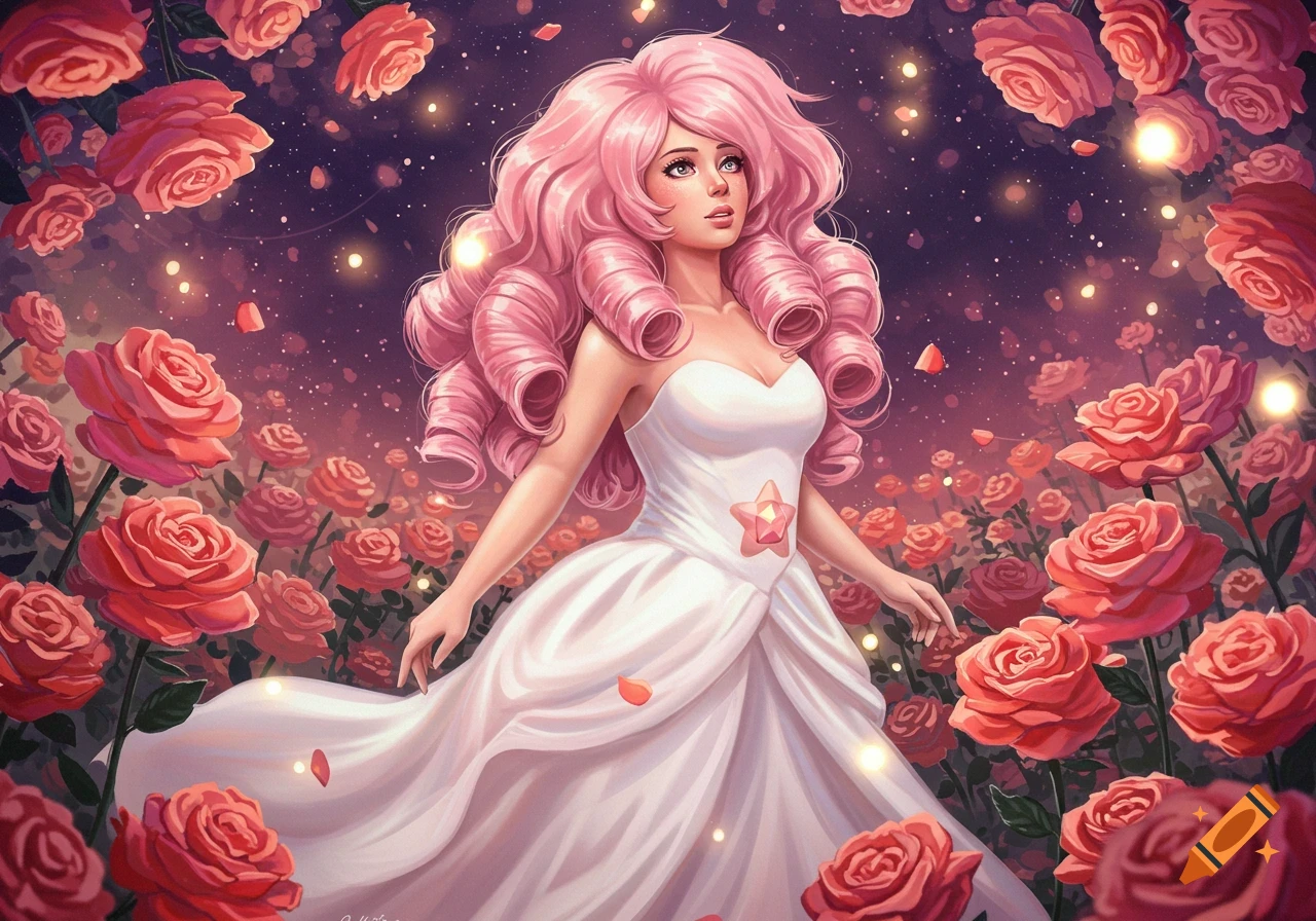 Rose Quartz from Steven Universe in a white dress, surrounded by pink roses under a starry sky.