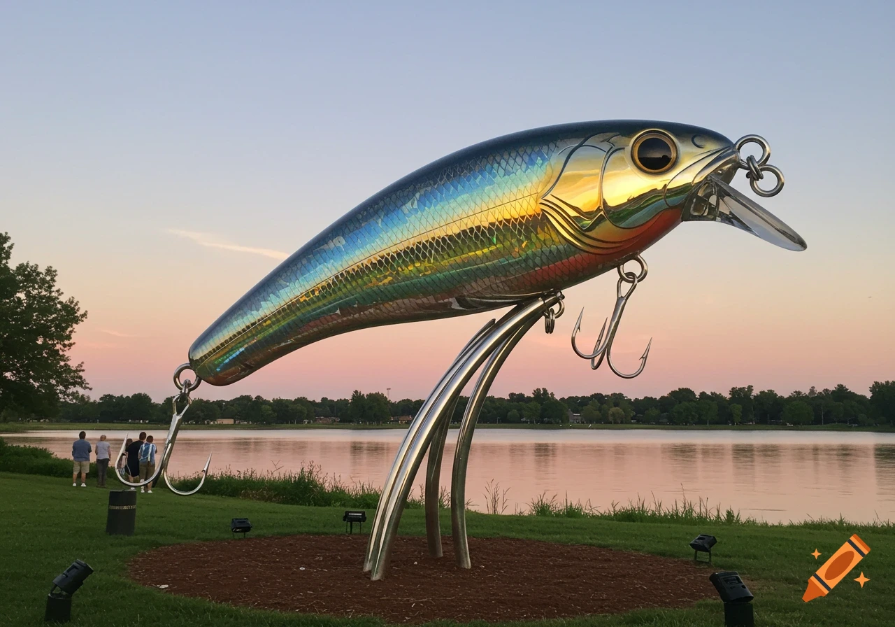 A large, metallic fishing lure sculpture stands by a lake at sunset, with people in the background.