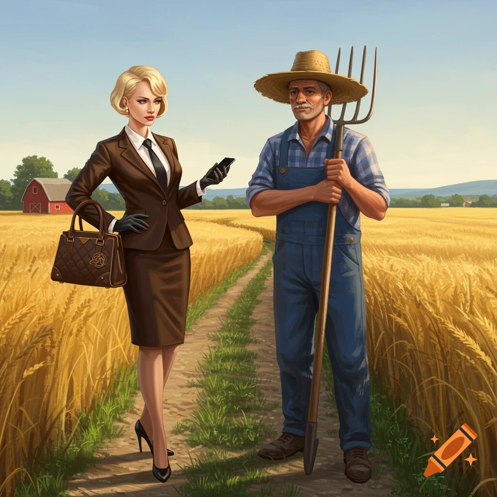 A businesswoman in a brown suit holding a handbag stands on a dirt path next to a farmer in blue overalls holding a pitchfork, in a golden wheat field.