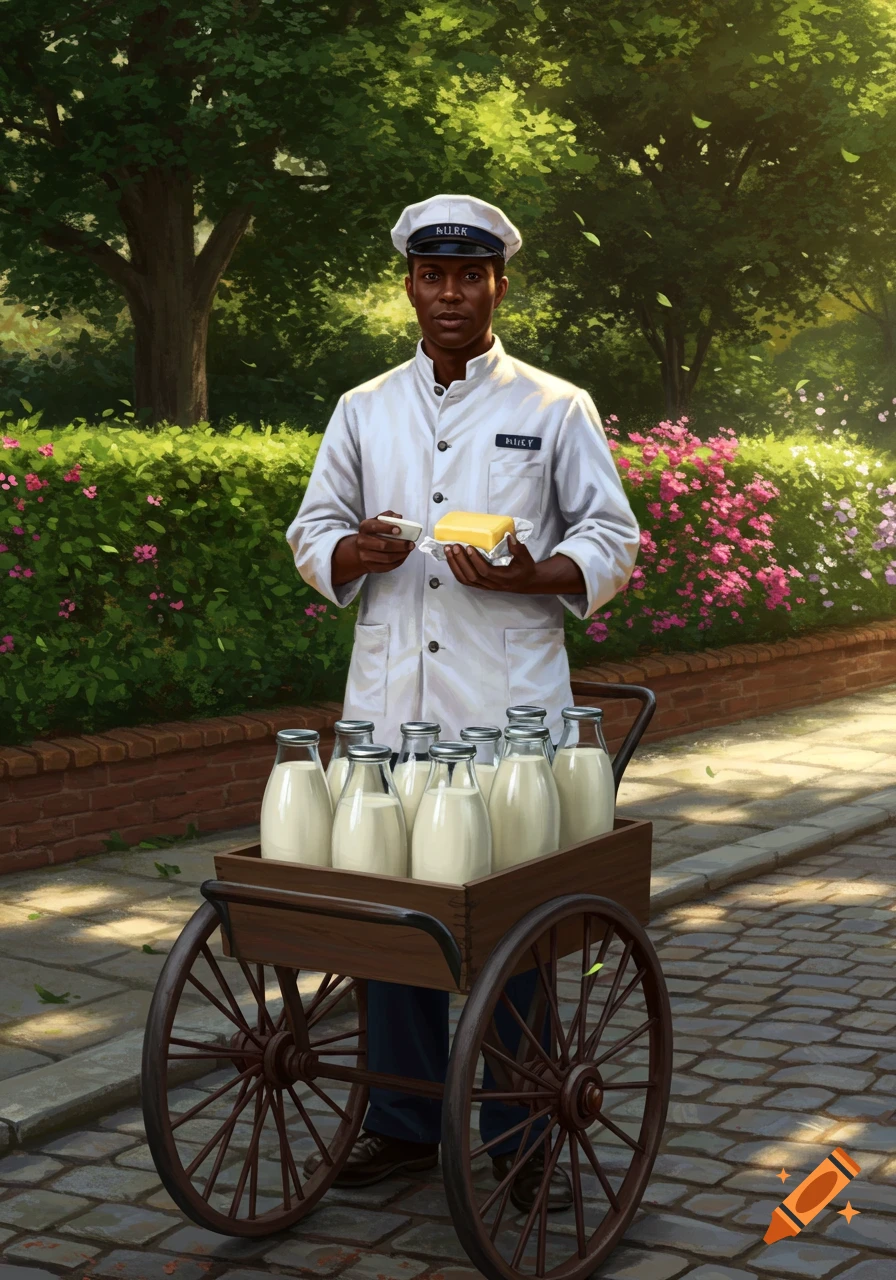 A Black milkman in a white uniform holding a block of butter, standing next to a cart of milk bottles on a cobblestone path, surrounded by lush green foliage and flowering bushes.