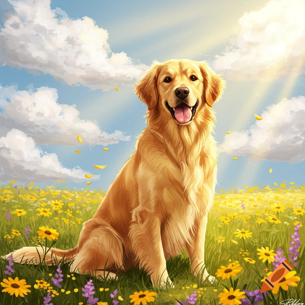 A happy golden retriever sits in a field of yellow and purple wildflowers under a bright sunny sky, digital art.