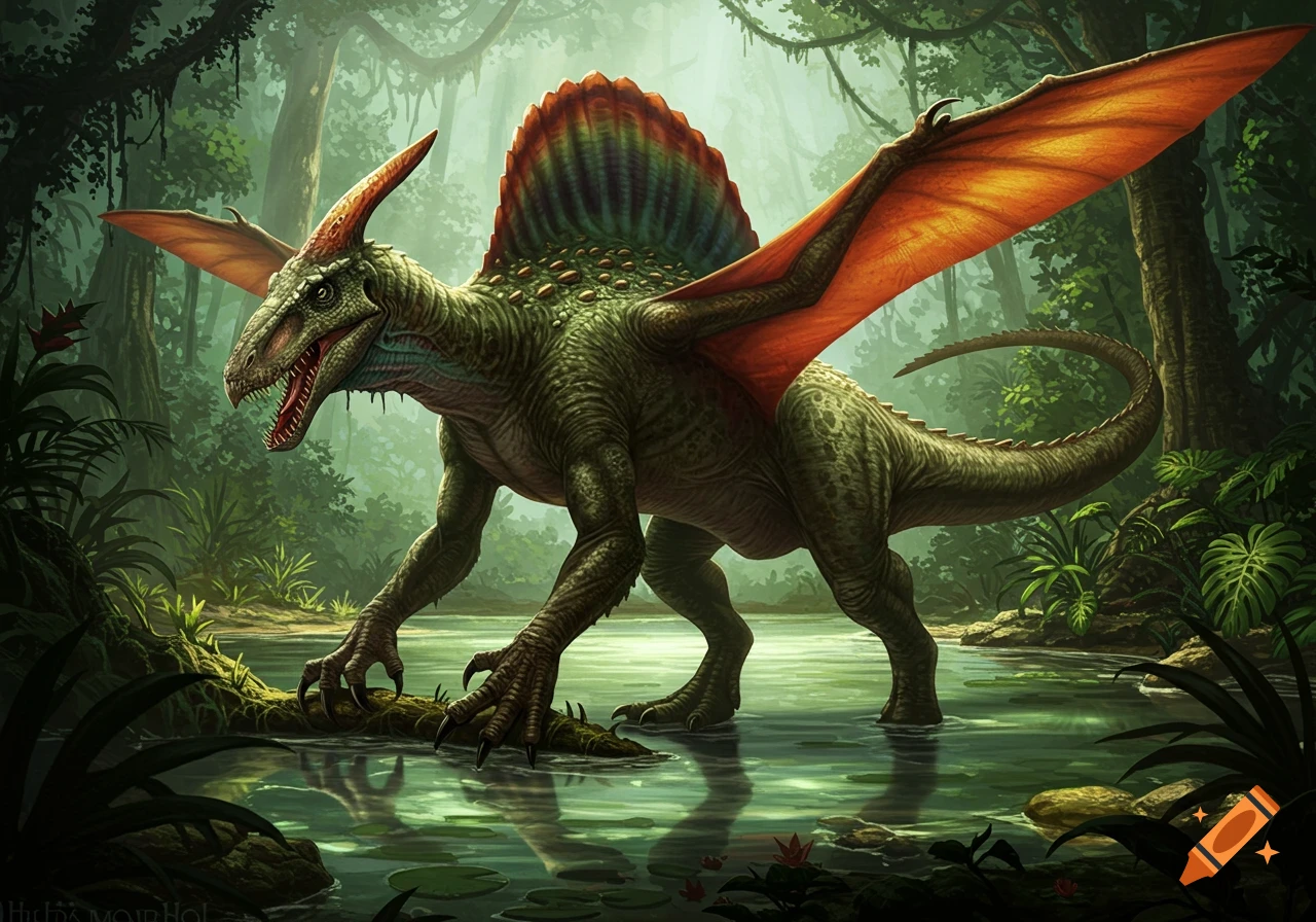 A large green dinosaur creature with red-orange wings and a frill stands in a shallow jungle pond.