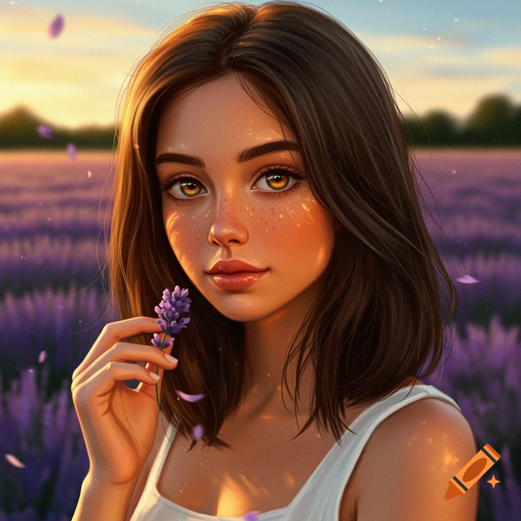A stylized illustration of a young woman with dark hair and hazel eyes holding lavender in a field at sunset.