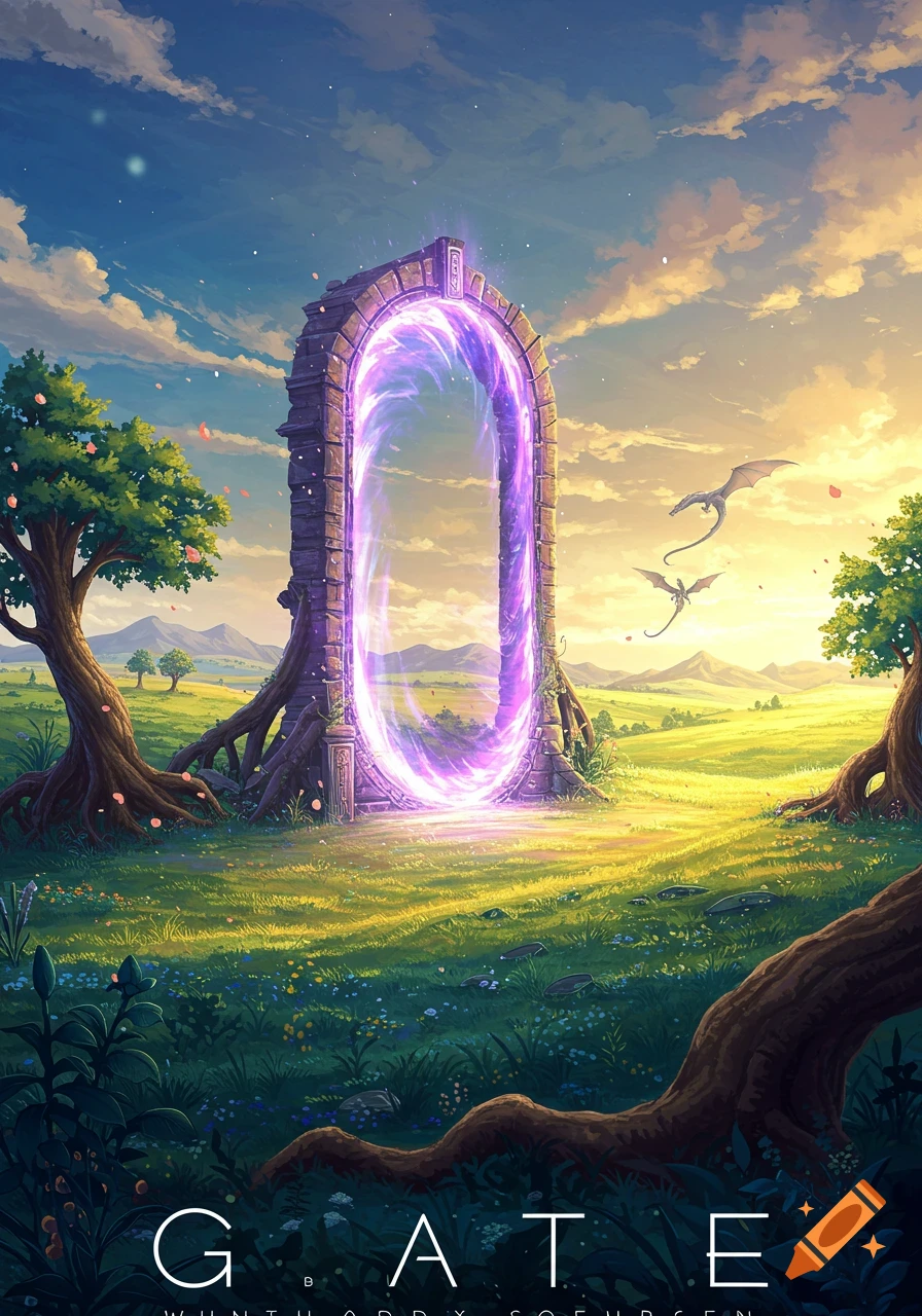 A bright purple magical portal stands in a lush green field under a colorful sky with two small dragons flying above, in an anime style.