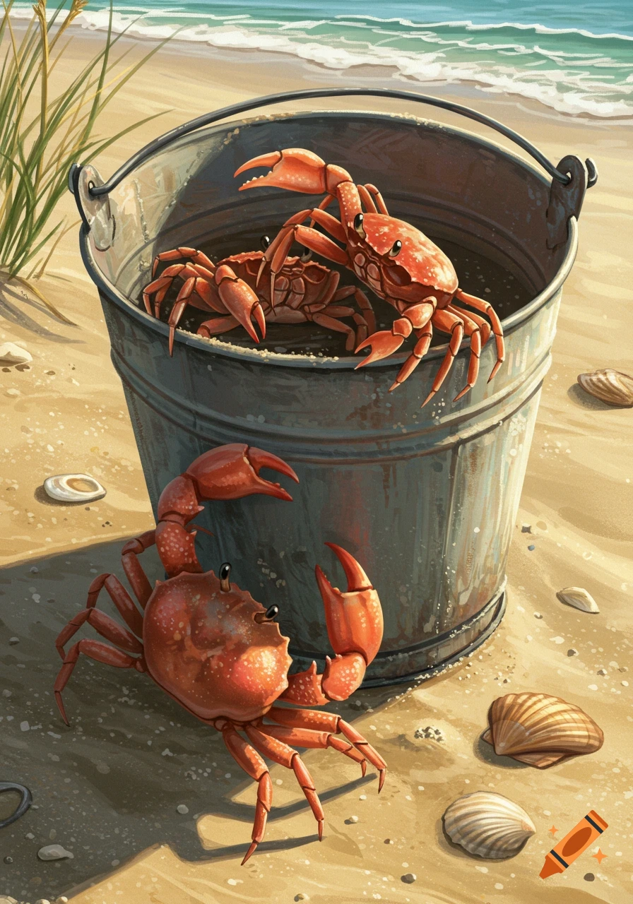 Three red crabs on a sandy beach. One crab is crawling out of a metal bucket, while another is on the sand. The ocean is in the background.