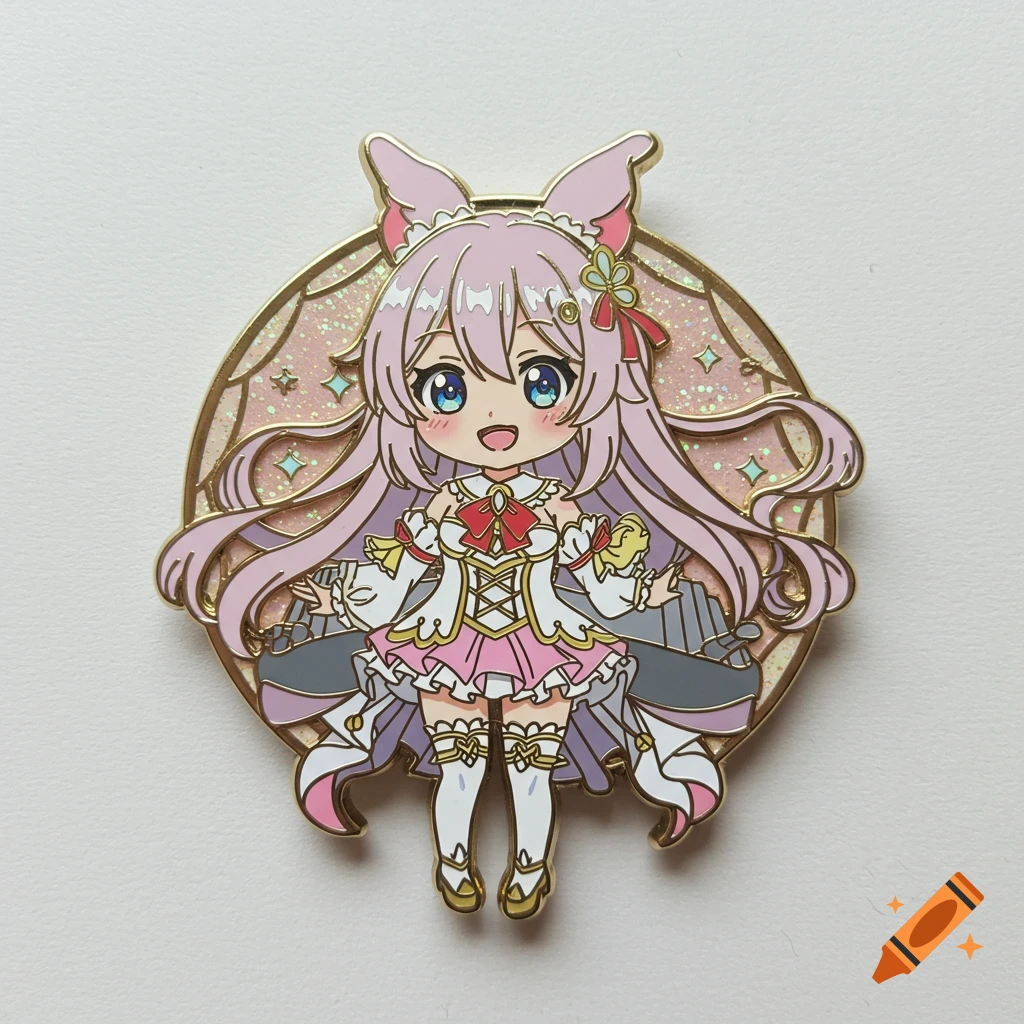 A cute anime chibi girl pin with pink hair and a white and pink dress on a glittery circular background.