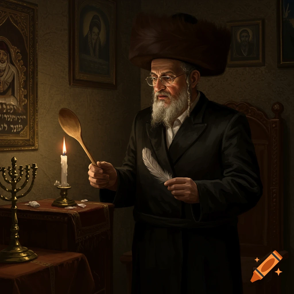 A photorealistic image of an elderly Ultra-Orthodox Hasidic Jew holding a wooden spoon and a feather near a lit candle and menorah.