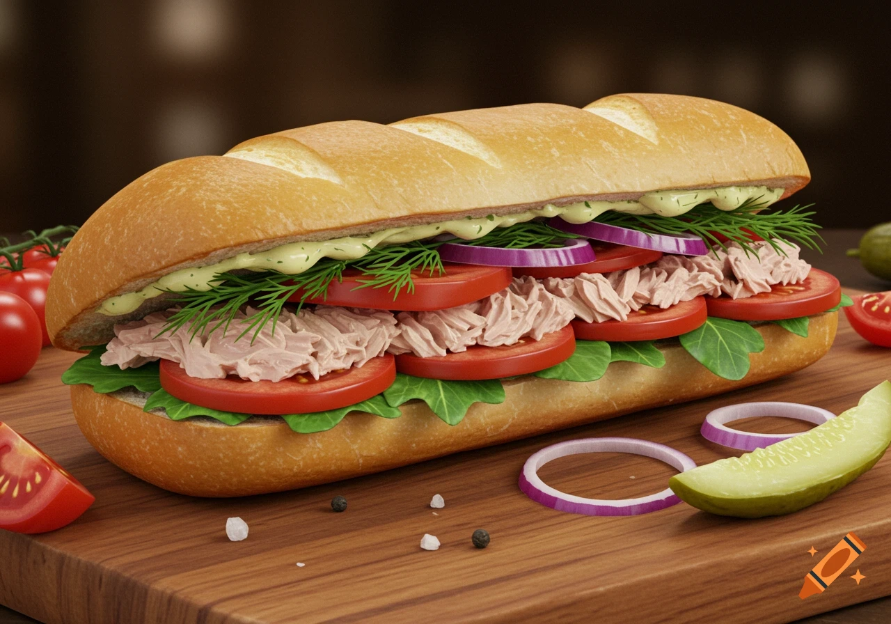 A photorealistic tuna sub sandwich on a wooden board, filled with tuna, tomatoes, lettuce, dill, and red onion, with a pickle.
