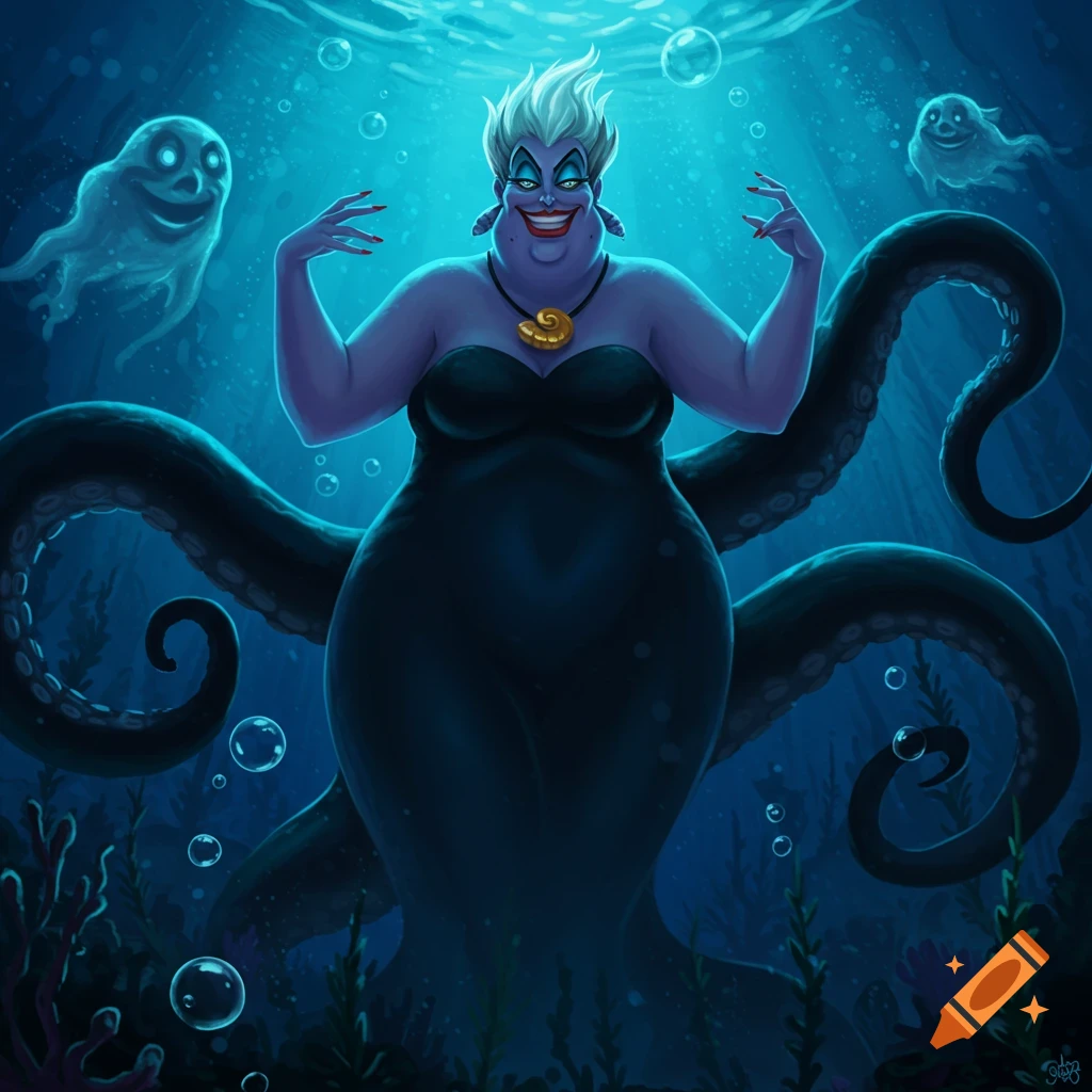 A vibrant illustration of Ursula the sea witch, with grey hair and a black dress, underwater with two ghostly figures.