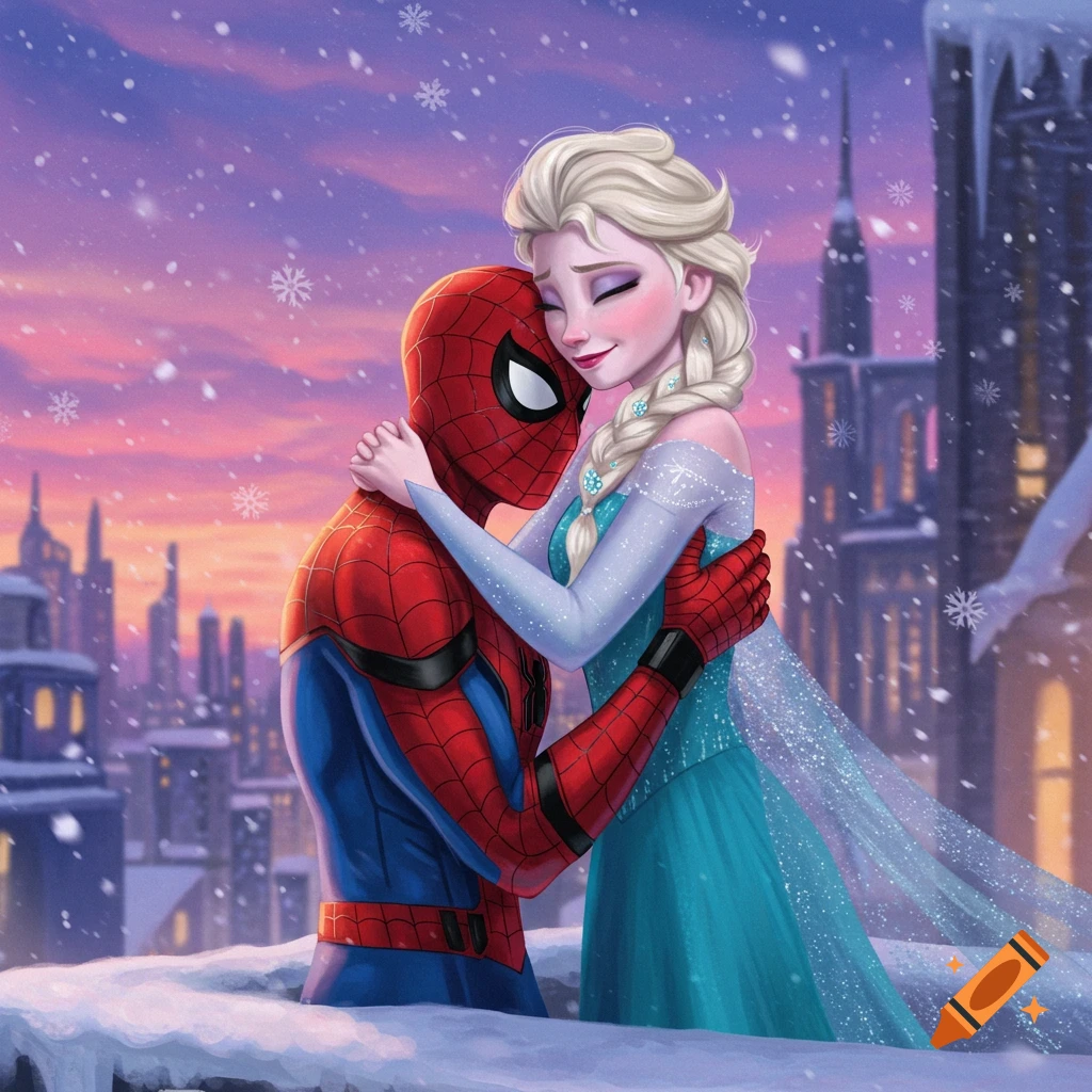 Spider-Man and Elsa from Frozen embrace in a snowy cityscape at dusk, with purple and pink skies.