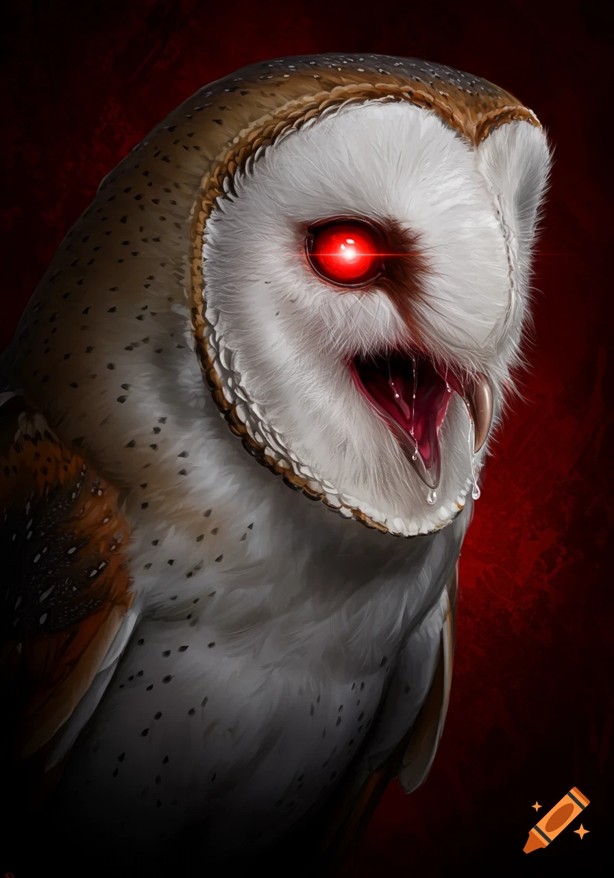 A dramatic digital painting of a barn owl with glowing red eyes, an open beak, dripping saliva, and a visible throat, set against a dark red background.
