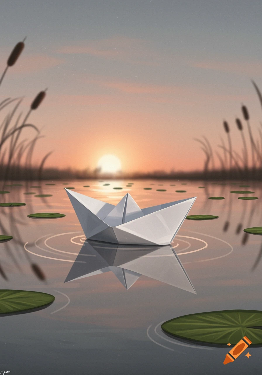 A paper boat floats on calm water with lily pads and reeds, reflecting a vibrant sunset sky.