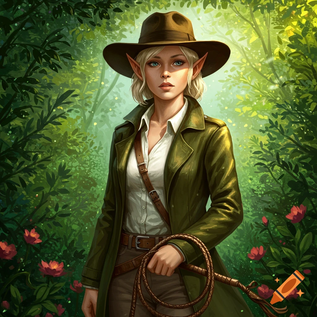 A blonde elf-like woman in a fedora and green trench coat holds a whip in a lush jungle, digital painting style.