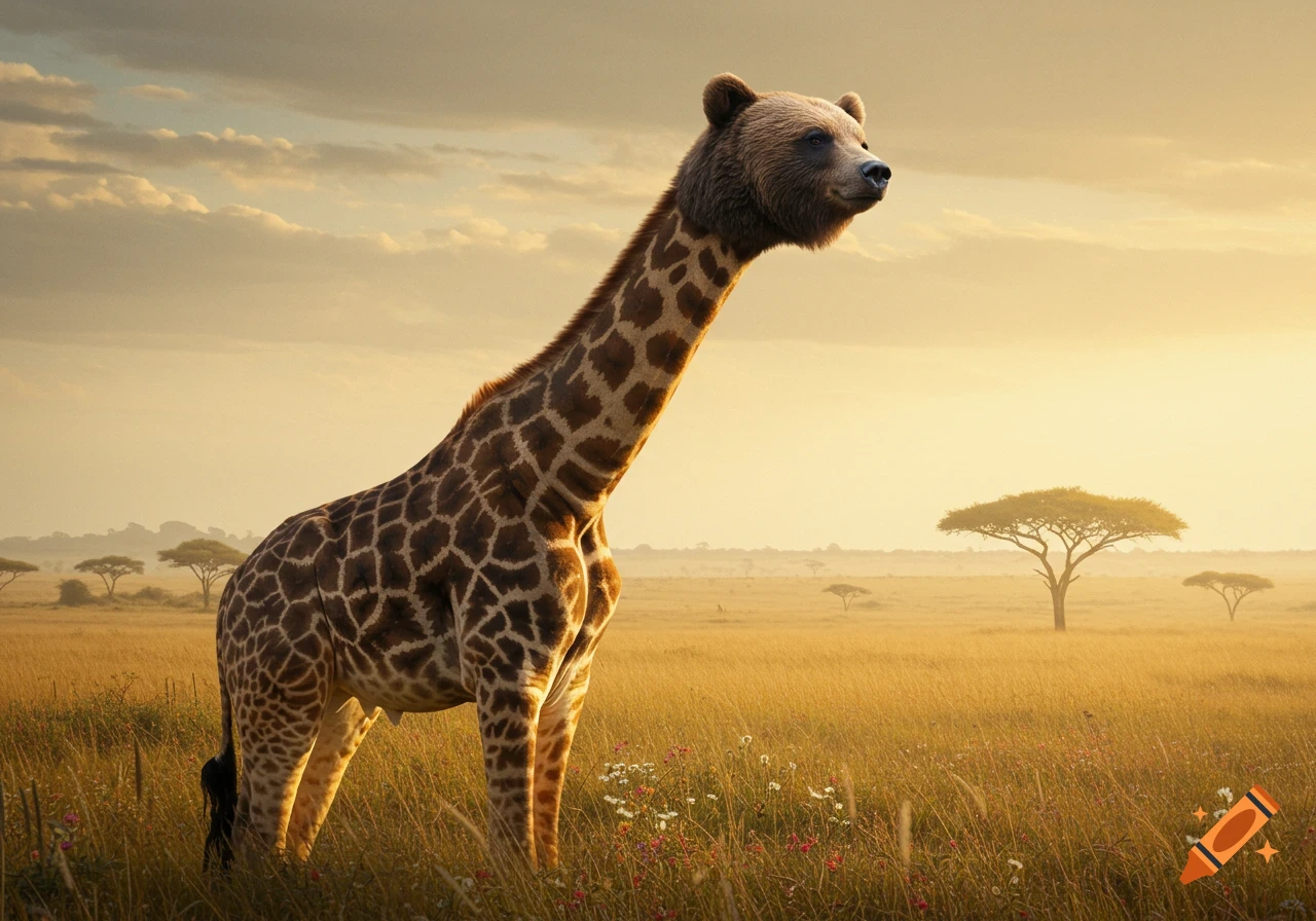 A photorealistic giraffe with a bear's head stands in a sunlit savanna landscape with acacia trees.