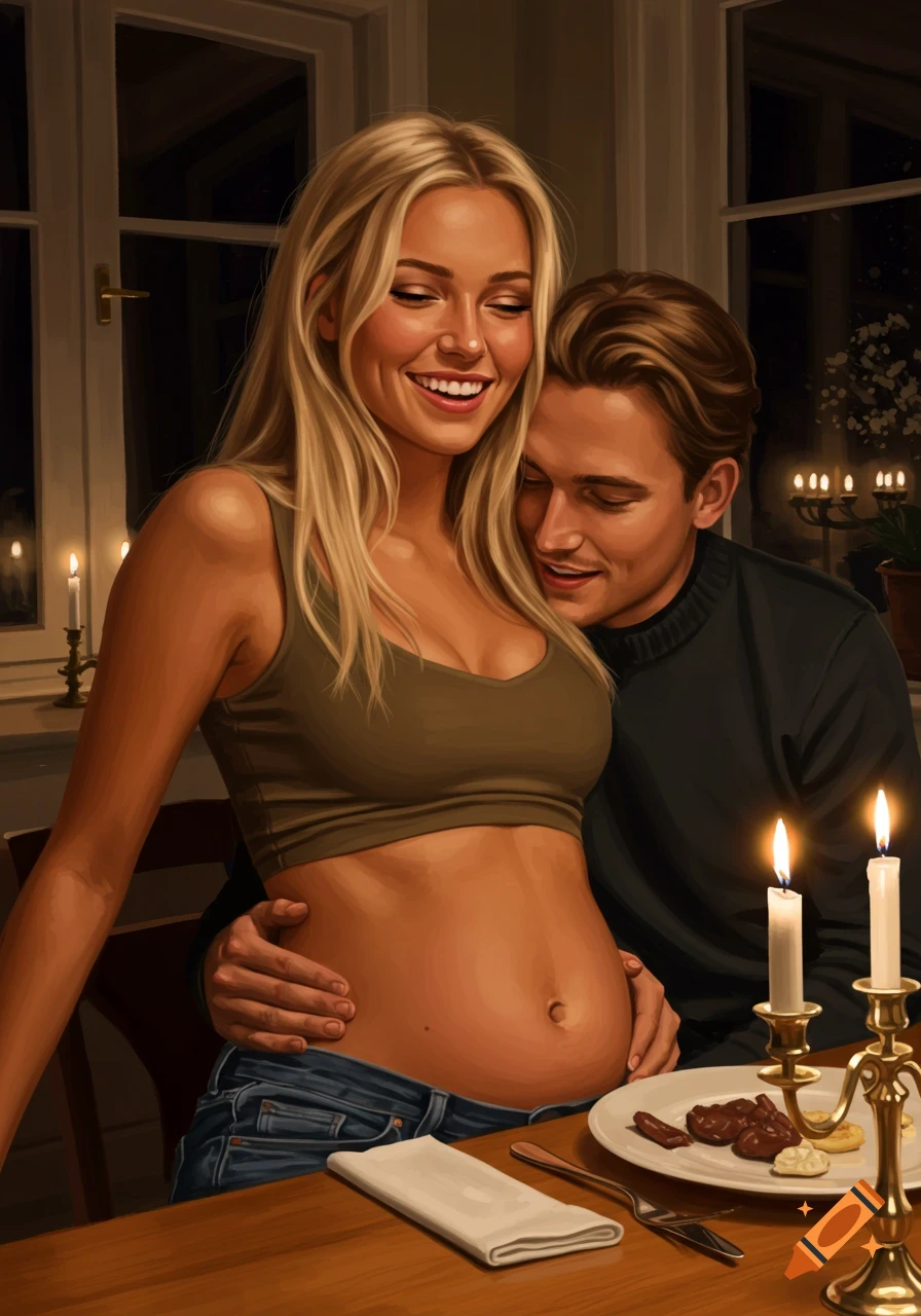 Photorealistic painting of a man embracing a woman at a candlelit dinner table, playfully placing his ear on her stomach after a meal.