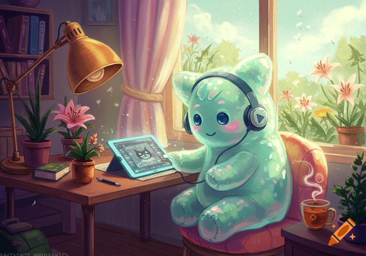 A cute, teal, gummy-bear-like creature in headphones draws on a tablet in a cozy, sunlit room with plants.