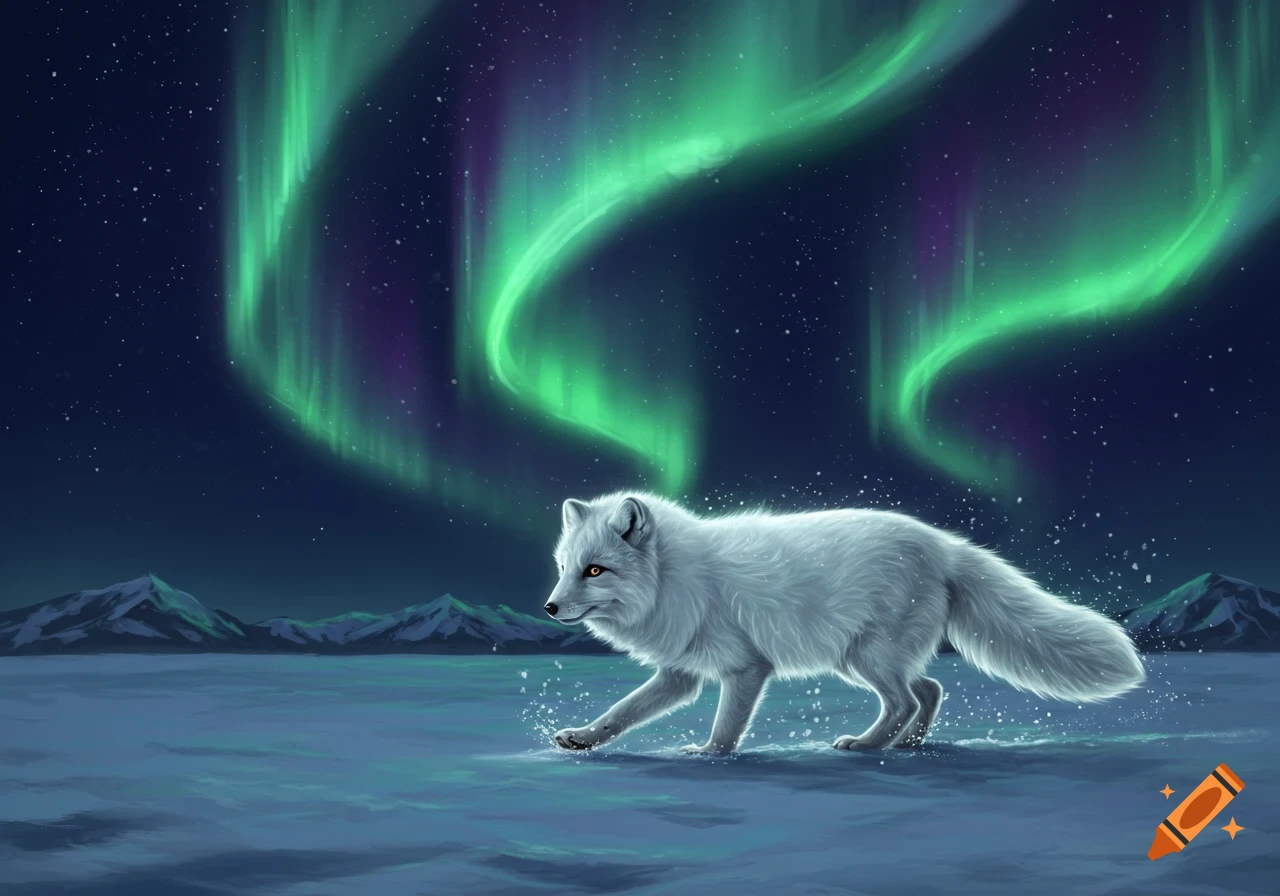 A white arctic fox walks through snow under a vibrant green aurora borealis and starry night sky with distant mountains.