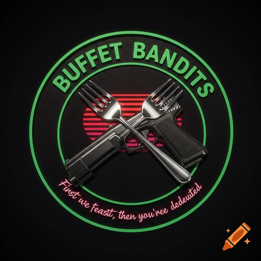 A dark circular logo featuring "BUFFET BANDITS" in green neon text at the top. Two silver forks are crossed over two black handguns, with a red and pink striped sunset background. Pink neon text at the bottom reads "First we feast, then you'ree dedeuted."