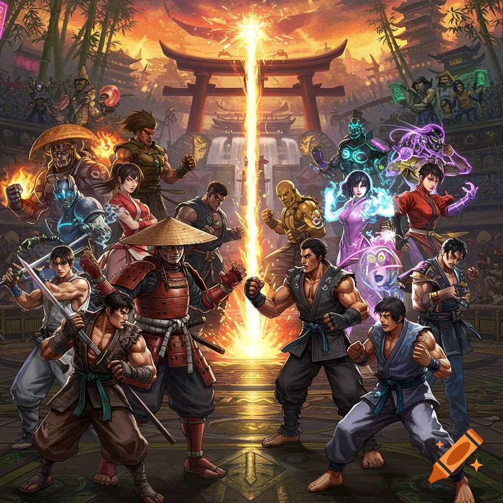 A large group of diverse fighting game characters in a stylized arena with a torii gate and a central light beam.