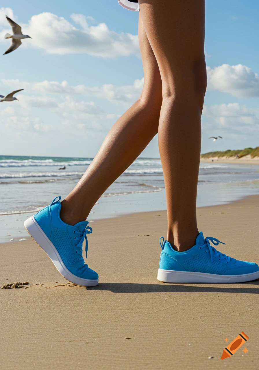 A person's legs in blue sneakers walk on a sandy beach with ocean waves and seagulls in the background.