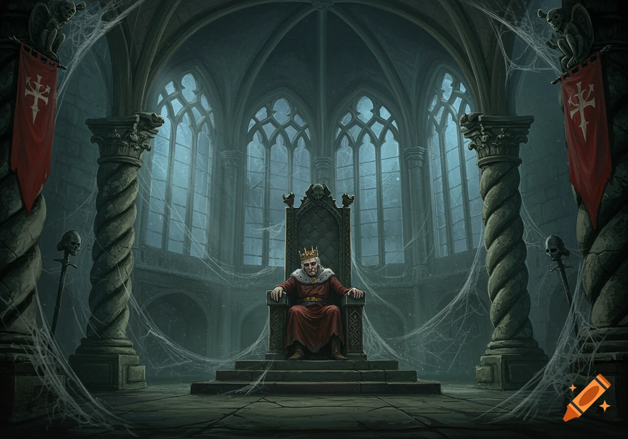 An old king with a lopsided crown slumps on a throne in a dimly lit, cobweb-filled gothic throne room.
