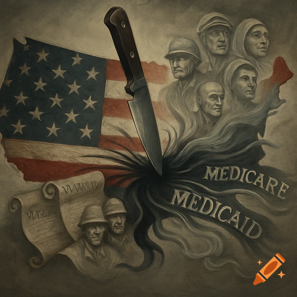 An allegorical illustration depicting a knife plunged into a US map and tattered flag, spilling out figures representing people, with the words 'MEDICARE' and 'MEDICAID' rendered in flowing ribbons.