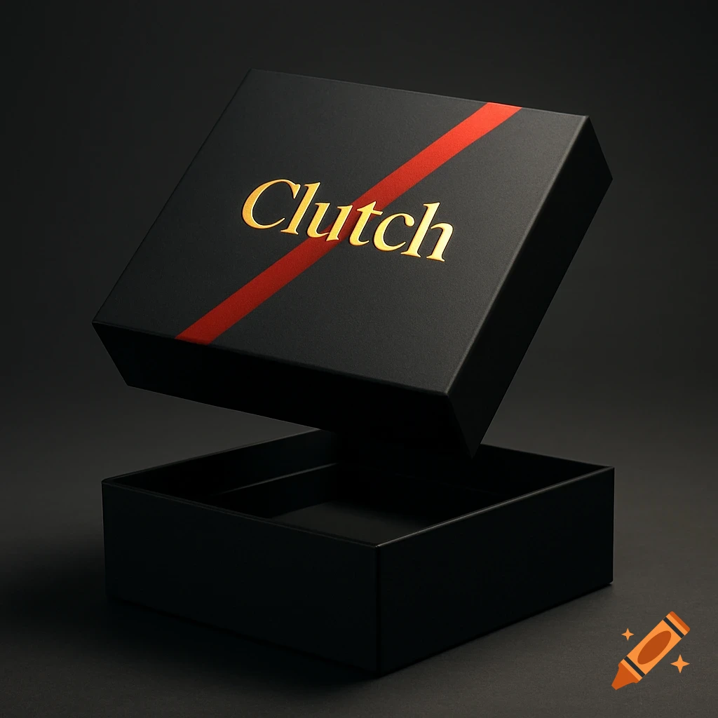A sleek black box with a gold 'Clutch' logo and a red stripe, with the lid slightly open, on a dark background.